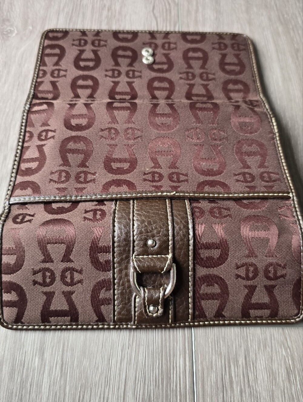 Etienne Aigner Brown Monogram Logo Flap Wallet Buckle Strap Silver Hardware
